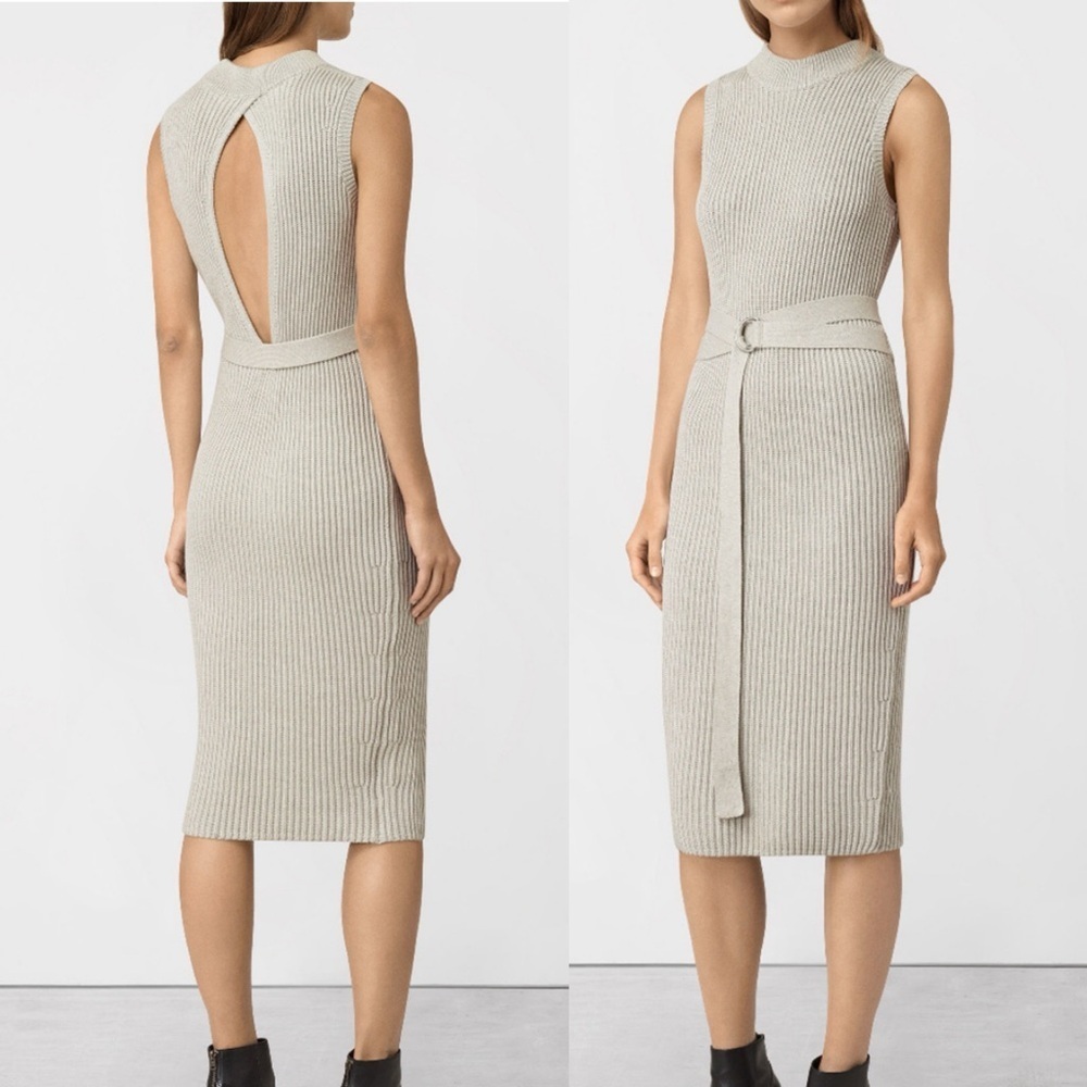 All Saints East Knit Midi Dress in Stone Tan Small